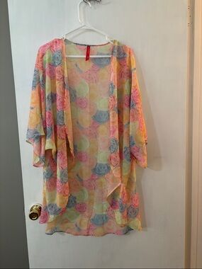 Ruby Ribbon Pastel Rose Sheer Floral Kimono